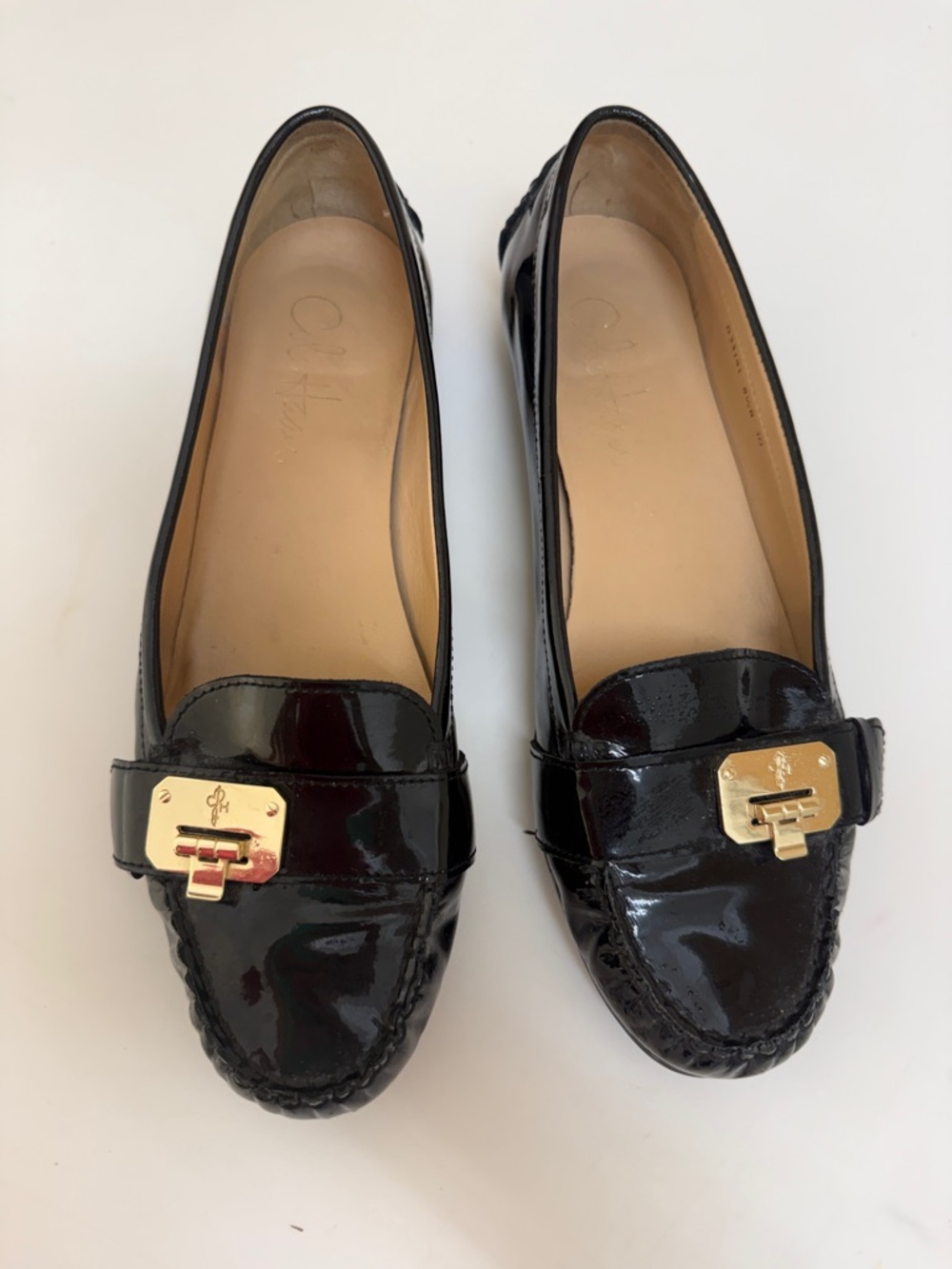Cole Haan Nike Air Black Patent Leather Loafers with Gold Hardware